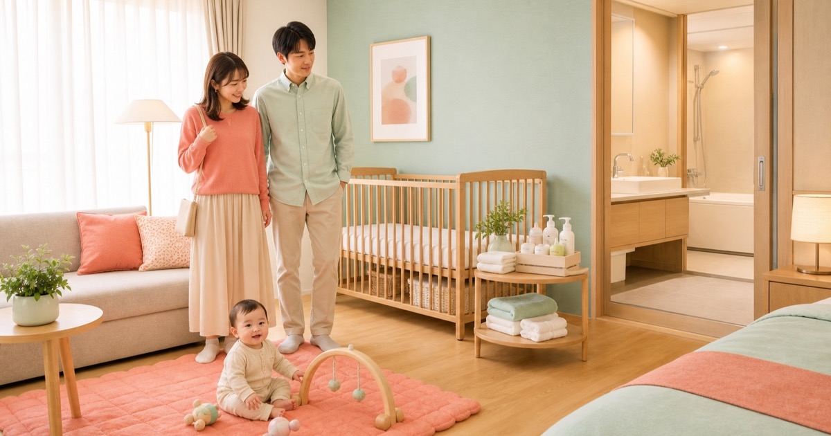 赤ちゃん連れ家族がホテル客室の設備と安全性を確認している様子
