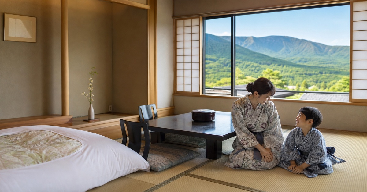 山景色が見える箱根の和室でくつろぐ親子